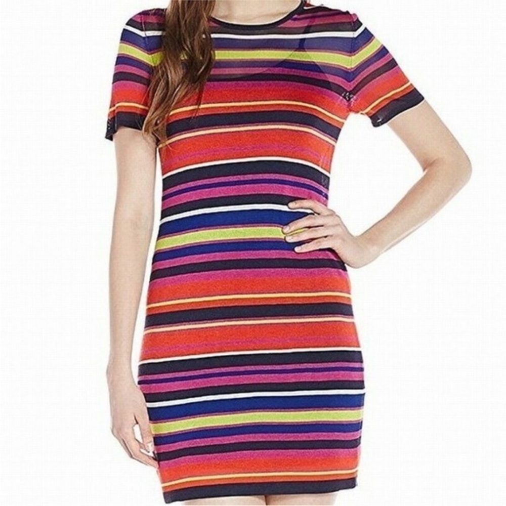 TRINA TURK STRIPED COLORFUL KNIT SHORT SLEEVE LINED DRESS XS